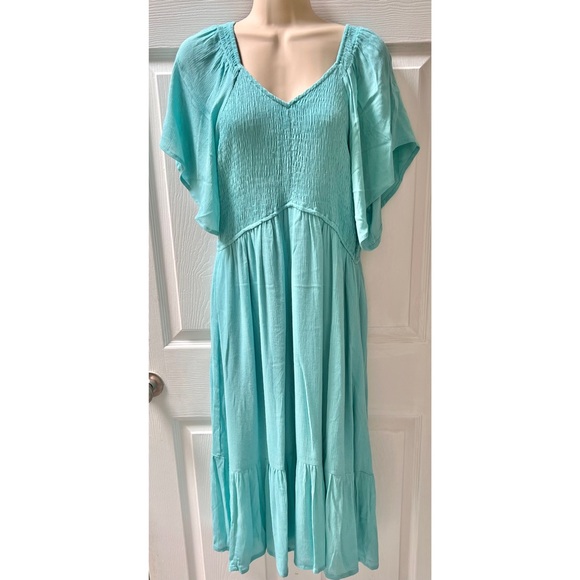 Kranda Flowy Summer Midi Dress in Turquoise Blue, Flutter Sleeves, Tiered Skirt - Picture 2 of 6